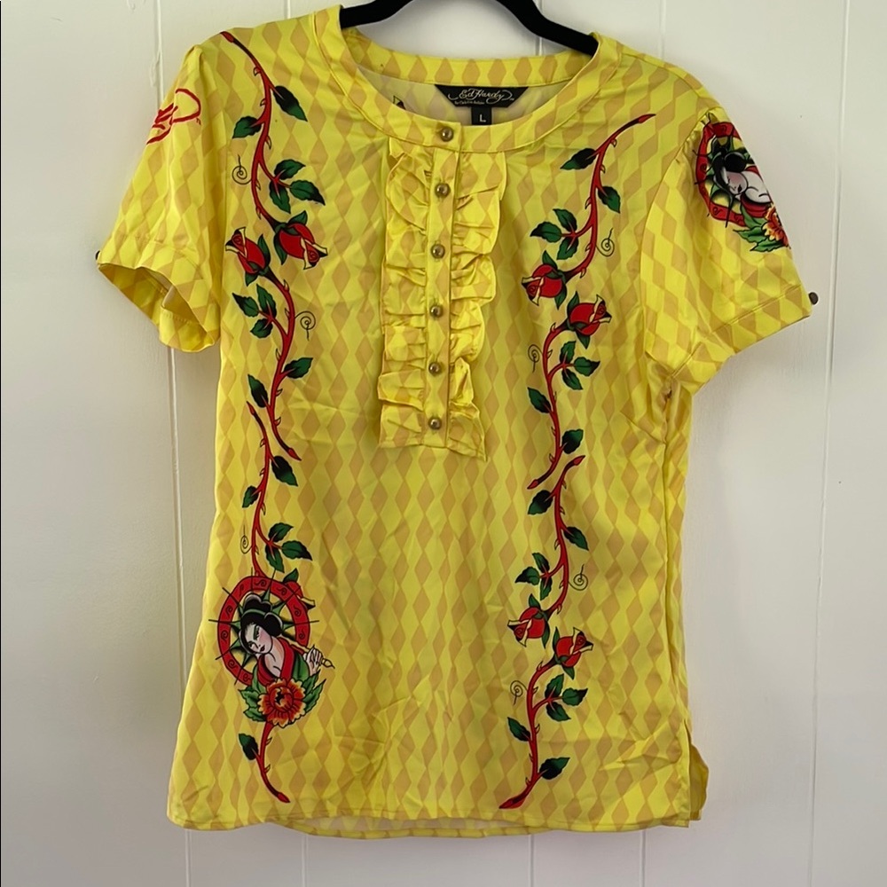 Vintage Ed Hardy Yellow and Red Floral Blouse